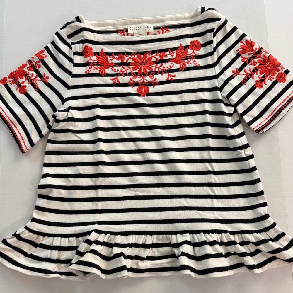 kate spade Black & White Striped Top with Red Floral Embroidery